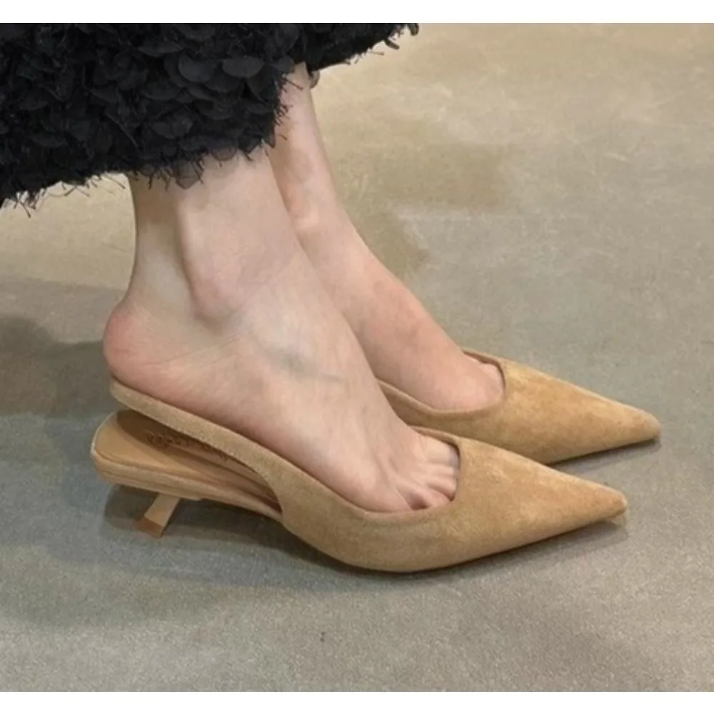 

Spring New Women Sandal Fashion Pointed Toe Shallow Slip on Dress Mules Shoes Thin Low Heel Slingback Sandals