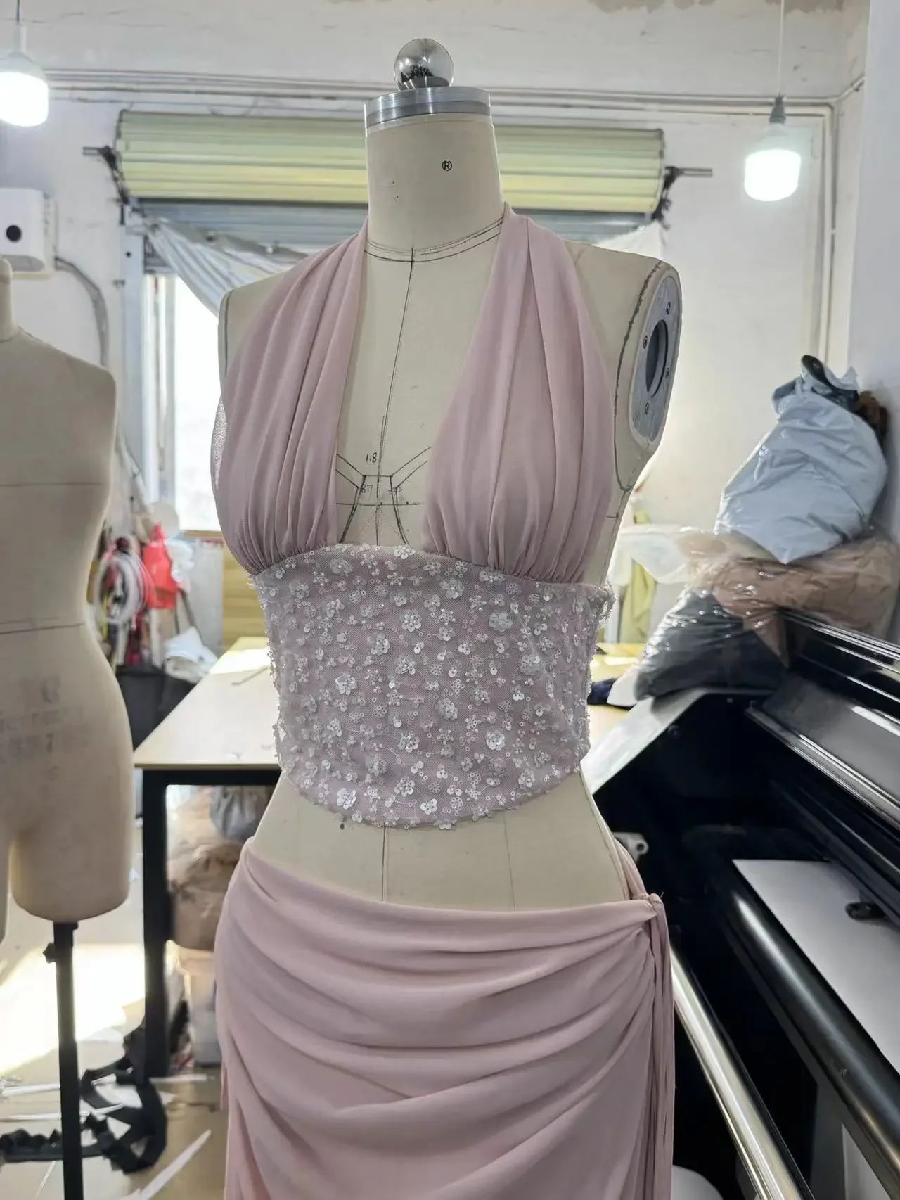 Sexy Sequin Patchwork Two Piece Set Deep V-neck Crop Halter Top + High Waist Draped Mermaid Long Skirt 2026 Lady Chic Suit