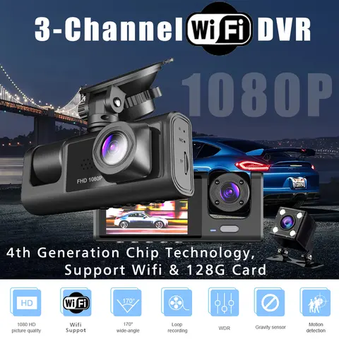 WiFi 3 채널 미니 자동차 DVR 3 방향 대시 캠 차량 내 카메라 DVR 레코더 FHD 1080P 비디오 Dashcam 캠코더 블랙 박스