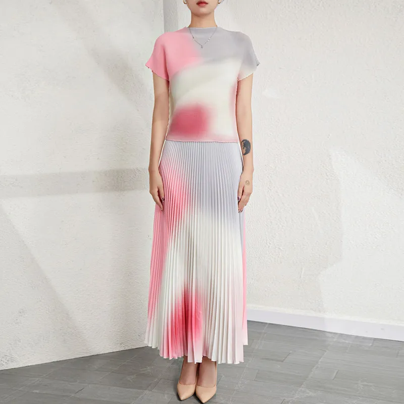 Two Piece Set For Women 2023 Summer New Fashion Stretch Miyake Pleated T-Shirt + Elegant Long Skirt Suit