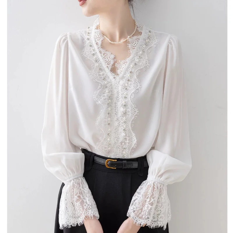 

French Style 2026 V Neck Lace Patchwork Flare Sleeve Rhinestone White Top Shirt , Woman Spring Fashion Elegant Tops Shirts