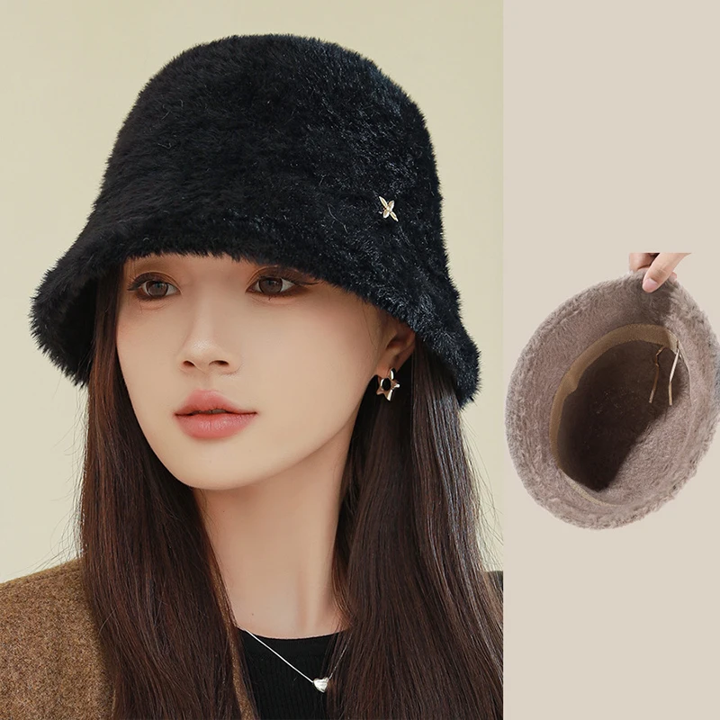 

Elegance Pearl Bucket Hat Women Solid Color Fisherman INS Hat Autumn Winter Fur Lamb Wool Cute Outdoor Warm Panama Cap Lady