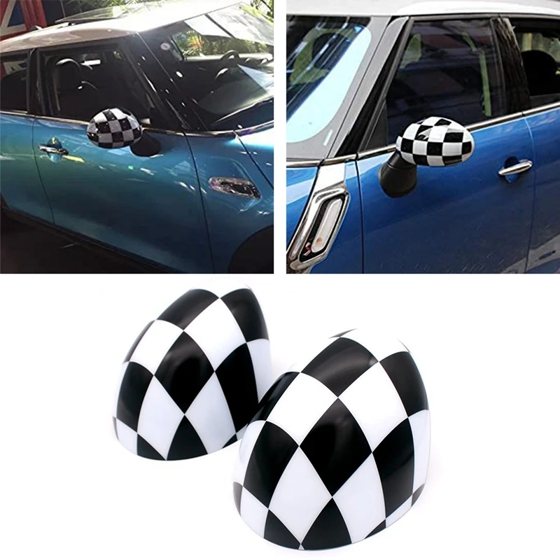 Car Checkered Mirror Caps Covers For BMW MINI Cooper R55 R56 R57 With Auto Powerfolding Mirrors Only