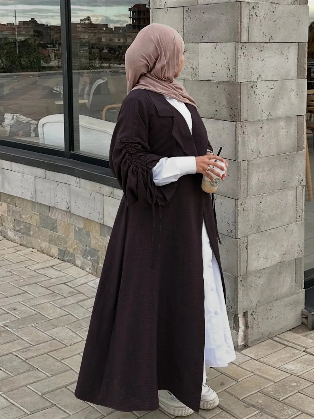 Eid Dubai Women Lapel Abaya Trench Coat Dress Lace-up Cardigan Outwear Muslim Ramadan Mdoest Open Abayas Arab Long Robe Morocco