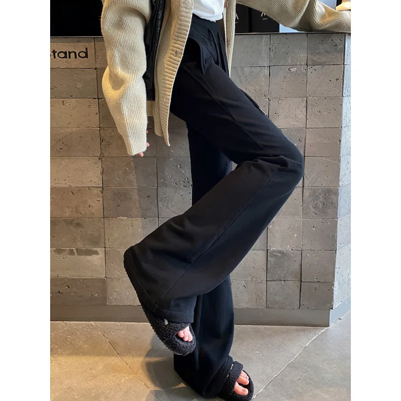 กางเกงขากระบอกทรงบานเอวสูงสีเทาไซส์ใหญ่ สไตล์อเมริกันลำลอง รุ่นใหม่ต้นฤดูใบไม้ผลิ มีเชือกผูก