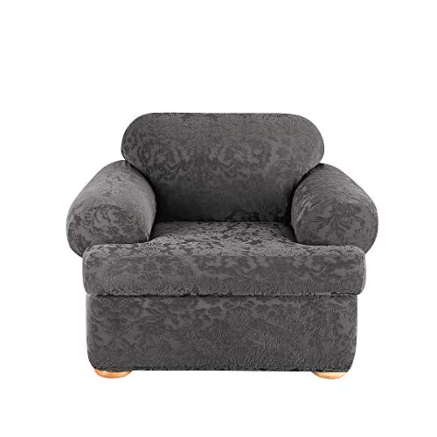 

Чехол для стула T-Cushion из эластичного жаккардового дамаска SF41458, плотно прилегающий, полиэстер/спандекс, машинная стирка, серый, комплект из двух частей