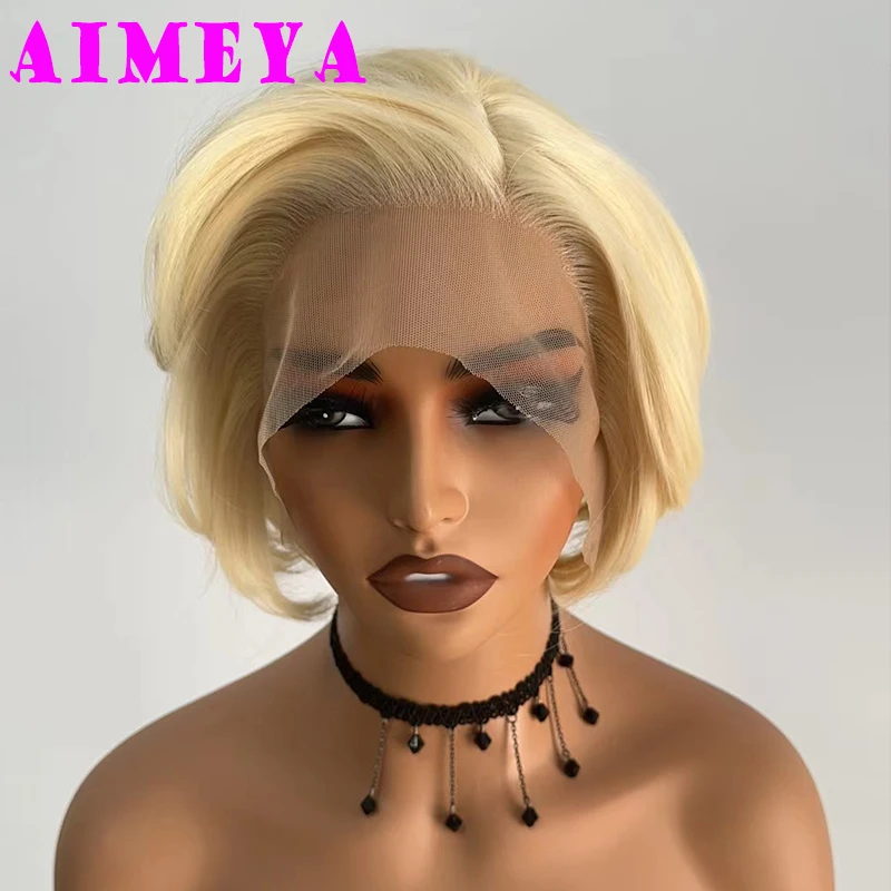 AIMEYA 613 Blonde Short Wigs Natural Looking Pixie Cut Wig Heat Resistant Synthetic Hair Lace Front Wig Daily Use Cosplay Party