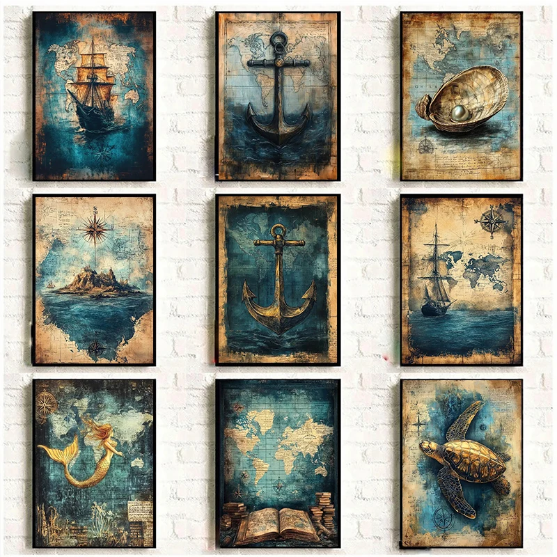 Vintage Nautical Poster Prints Antique Sea Treasure Map Canvas Painting Wall Art Picture for Living Room Retro Home Decor