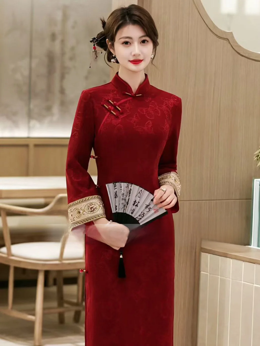 

New Chinese Sle Thiened Fce Young Long Sve Qipao Winter Wedding Vintage Republic of China Daily Wear High End Feeling