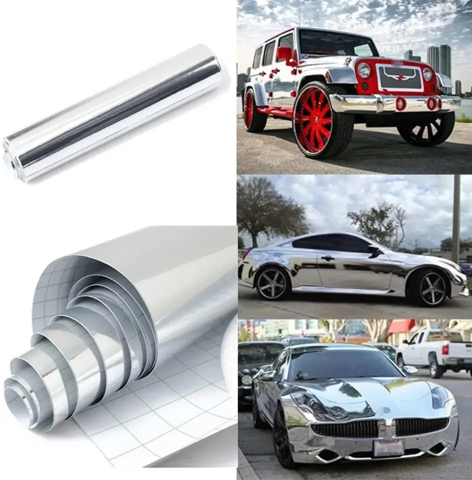 ฟิล์มไวนิลเคลือบเงินแบบยืดหยุ่น เคลือบโครเมียมแบบกระจก สำหรับหุ้มรถยนต์ ไม่มีฟองอากาศ ขนาด: 1.52*18 เมตร/ม้วน (5 ฟุต X 59 ฟุต)