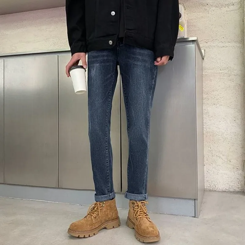 

Высококачественные тонкие джинсы, мужские весенне-осенние сине-серые повседневные эластичные облегающие длинные брюки для маленьких ног, роскошные брендовые мужские джинсы