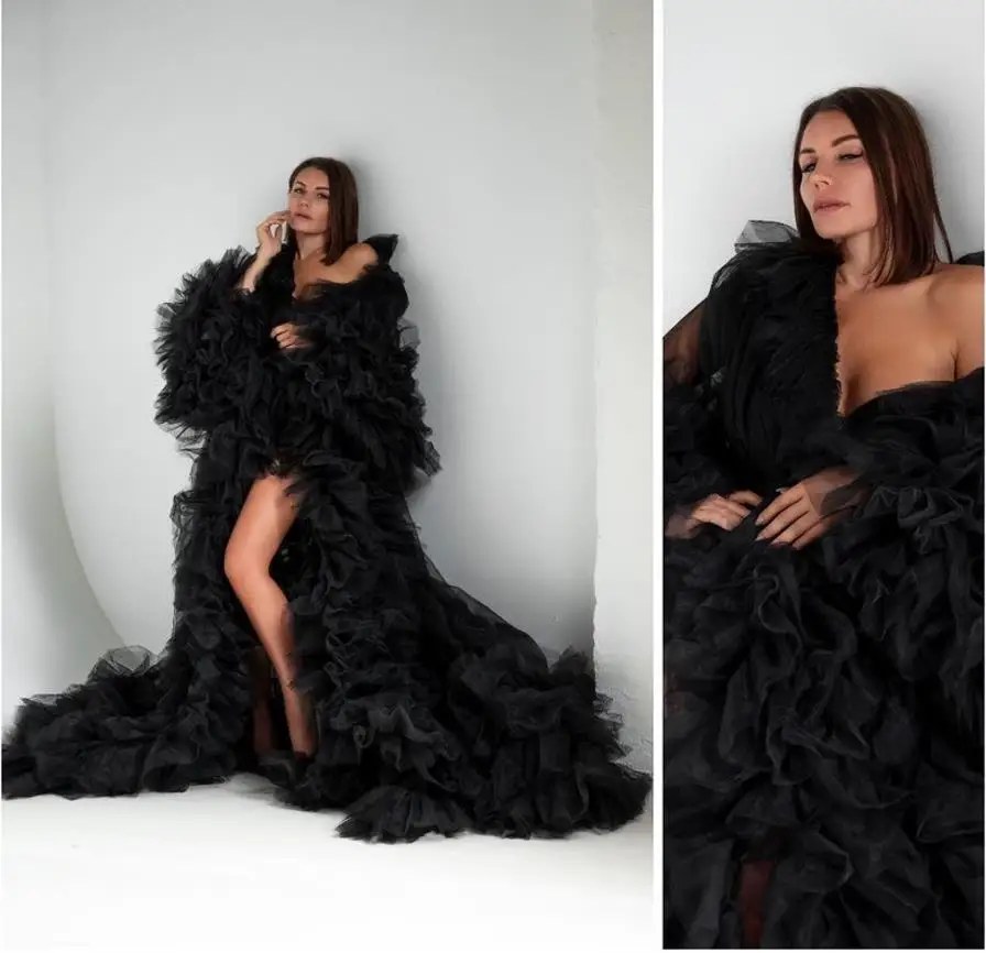 Black Gothic Tulle Photoshoot Robe Boudoir Dressing Gown Widow Dramatic Robe Burlesque Robe Halloween Photoshoot Hollywood Dress