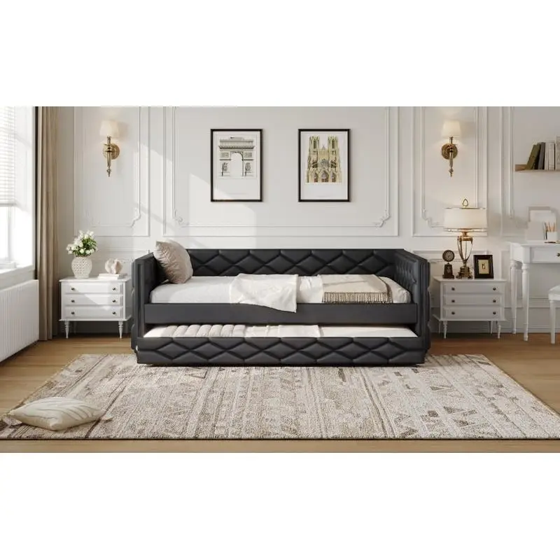 سرير نهاري منجد مقاس XL بالكامل مع إضاءة دولاب وإضاءة LED، أسود - سرير أنيق وعملي لأي مكان