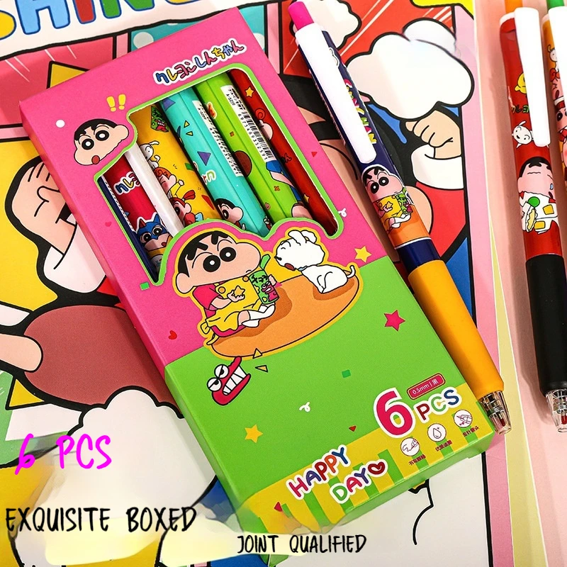 サンリオかわいい0セット、1セット6本カワイイシンちゃんジェルペンセット、黒漫画ペン、小学生文房具用品、ギフト、5mm