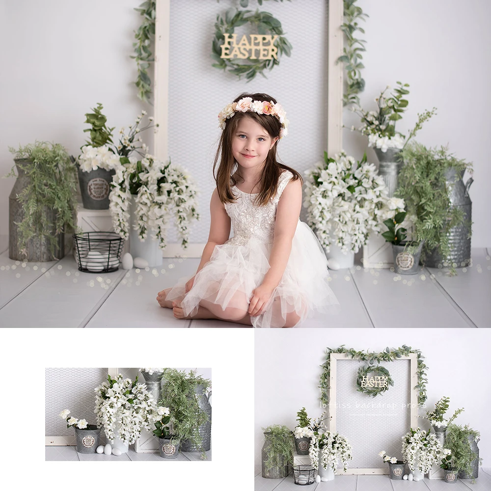 Easter White Door Backdrops Kids Girl Photography Child Adult Photocall Decors Plants Wreath Bunny Eggs Backgrounds