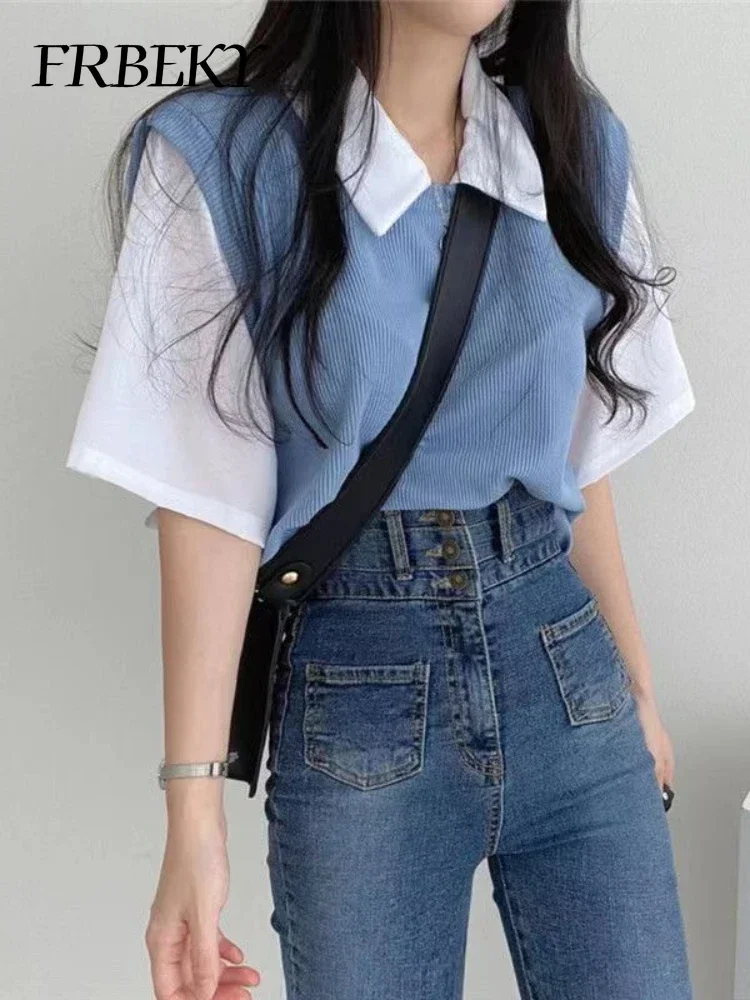 Summer New Polo Collar Tops Fake Two Pieces College Style Color Collision Short-sleeved T-shirt Shirts & Blouses Korean Fashion