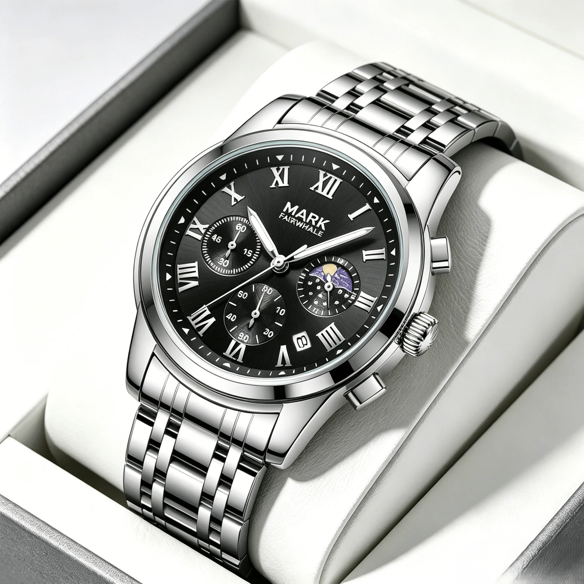 

Mark Fairwhale Fashion Stainless Steel Men Quartz Watches Luminous Waterproof Sport with Moon Phase For Men Wristwatch