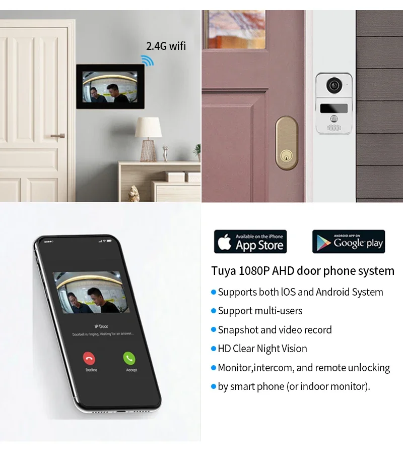 Tuya Smart Wifi Video Doorbell Home Intercom Phone 1080P RFID Wireless Door Viewer Camera Intercom 7 inch Screen Motion Record