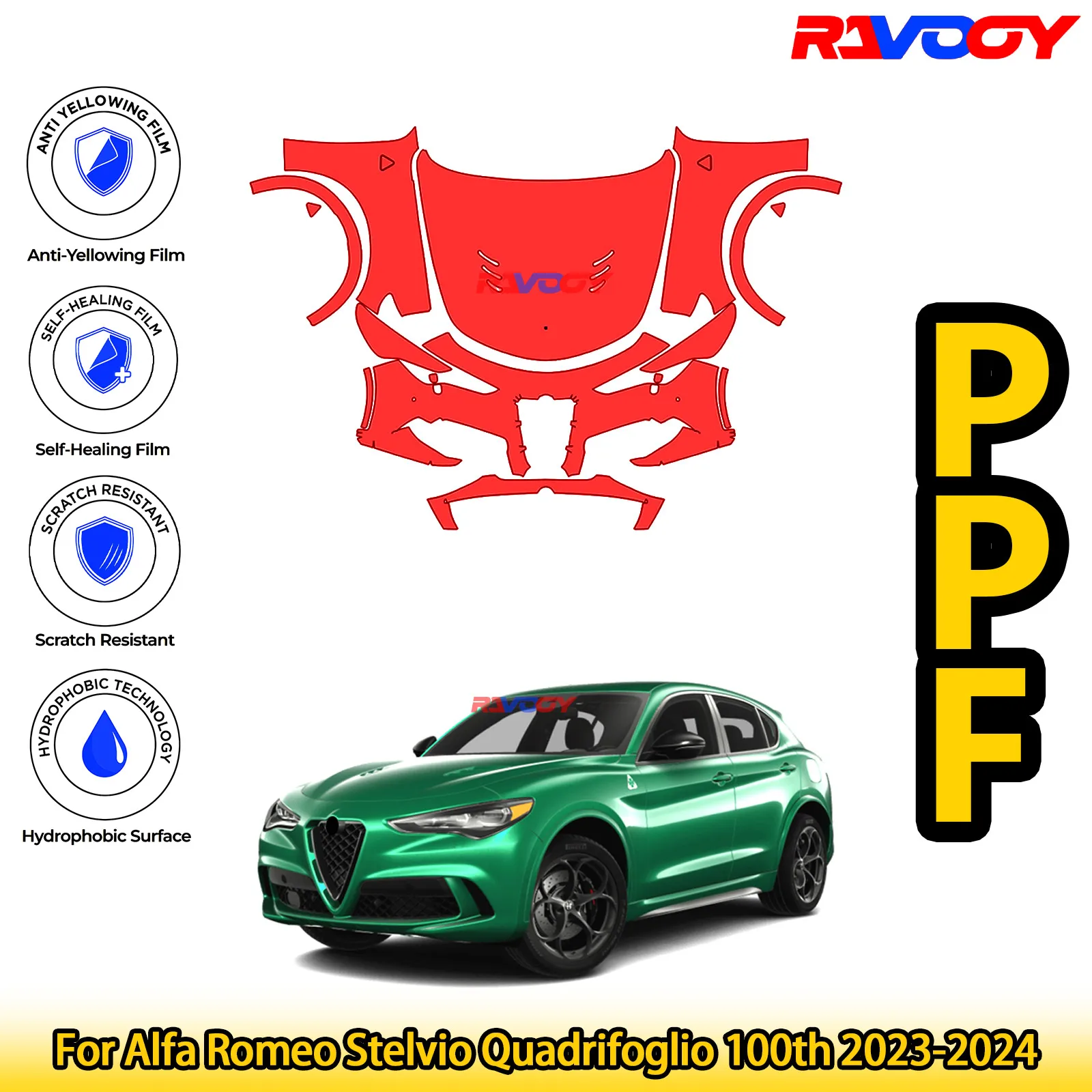 

For Alfa Romeo Stelvio Quadrifoglio 100th 2023-2024 Glossy Matte Black Precut front PPF Kit Paint Protection Film