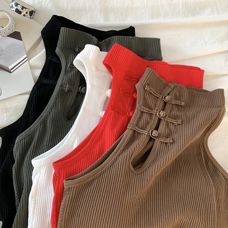ITOOLIN Elegant Women Chinese Button Tank Tops With Bra Pad O-Neck  Sleeveless Tank Tops For Women Sexy Crop Tops All-Match 2024