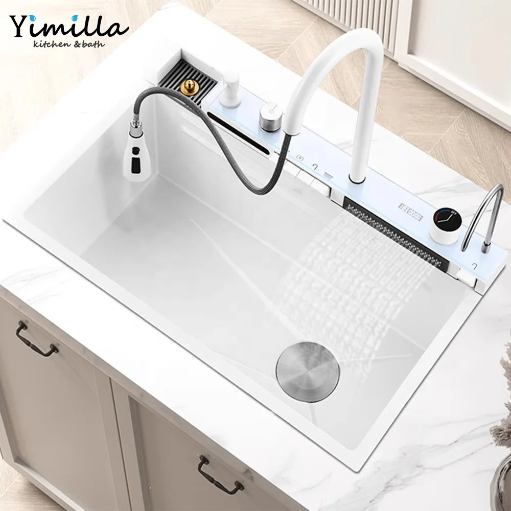 High Tech Stainless Steel Sink Single Bowl White Kitchen Sink Digital Waterfall Faucet Single Bowl Smart Kitchen Sink