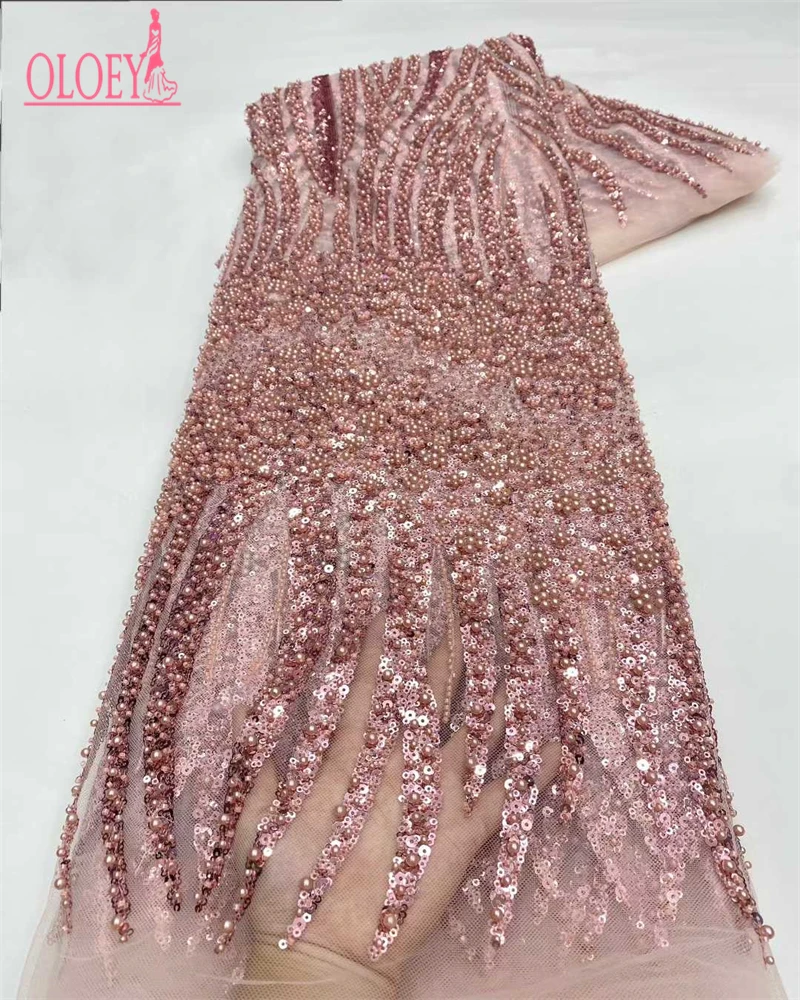 

OLOEY African Lace Fabric Handmade Beaded Lace Fabric France Sequins Nigerian Embroidery Bridal Mesh Lace Fabric For Sewin