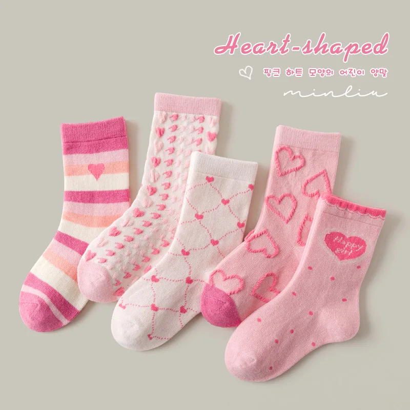5 Pairs Cotton Socks Baby Socks Pink Socks Kids Cartoon Pattern Socks Spring Autumn Girls Socks