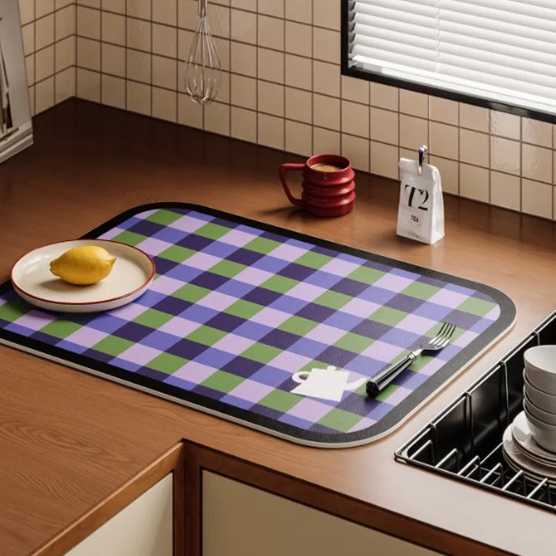 Retro Plaid Kitchen Drying Mat Non-slip Quick Dry Dish Draining Mat Waterproof Countertop Coffee Maker Absorbent Pad Vintage Mat