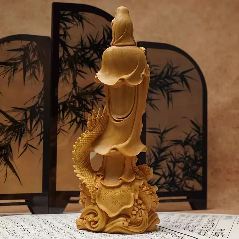 Natural Wood Dragon Guanyin Buddha Statue, Traditional Hand-carved  Chinese Buddhist Figures Home Living Room Feng Shui Statue