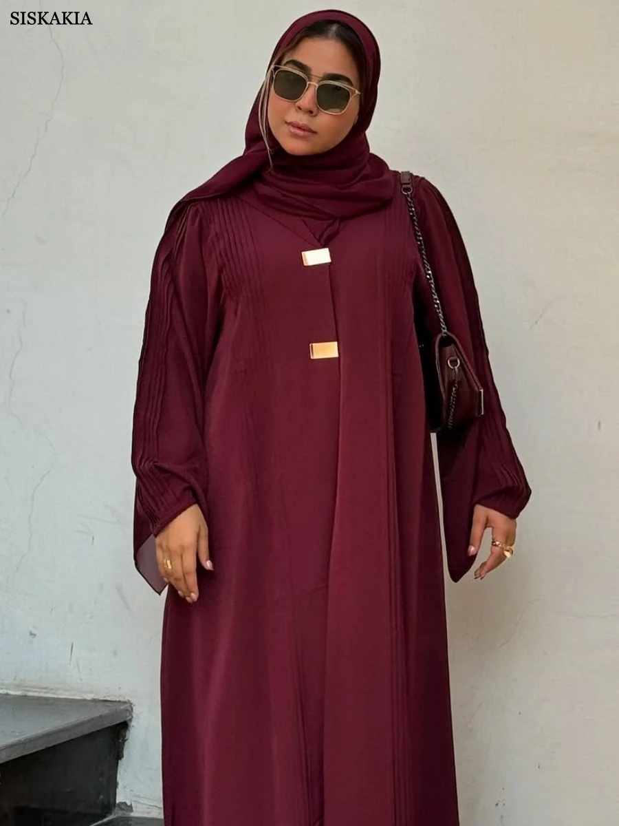 Siskakia ใหม่ดูไบ Elegant หลวม Maxi Abaya มุสลิมสั้นผู้หญิง Kaftan จีบชุด