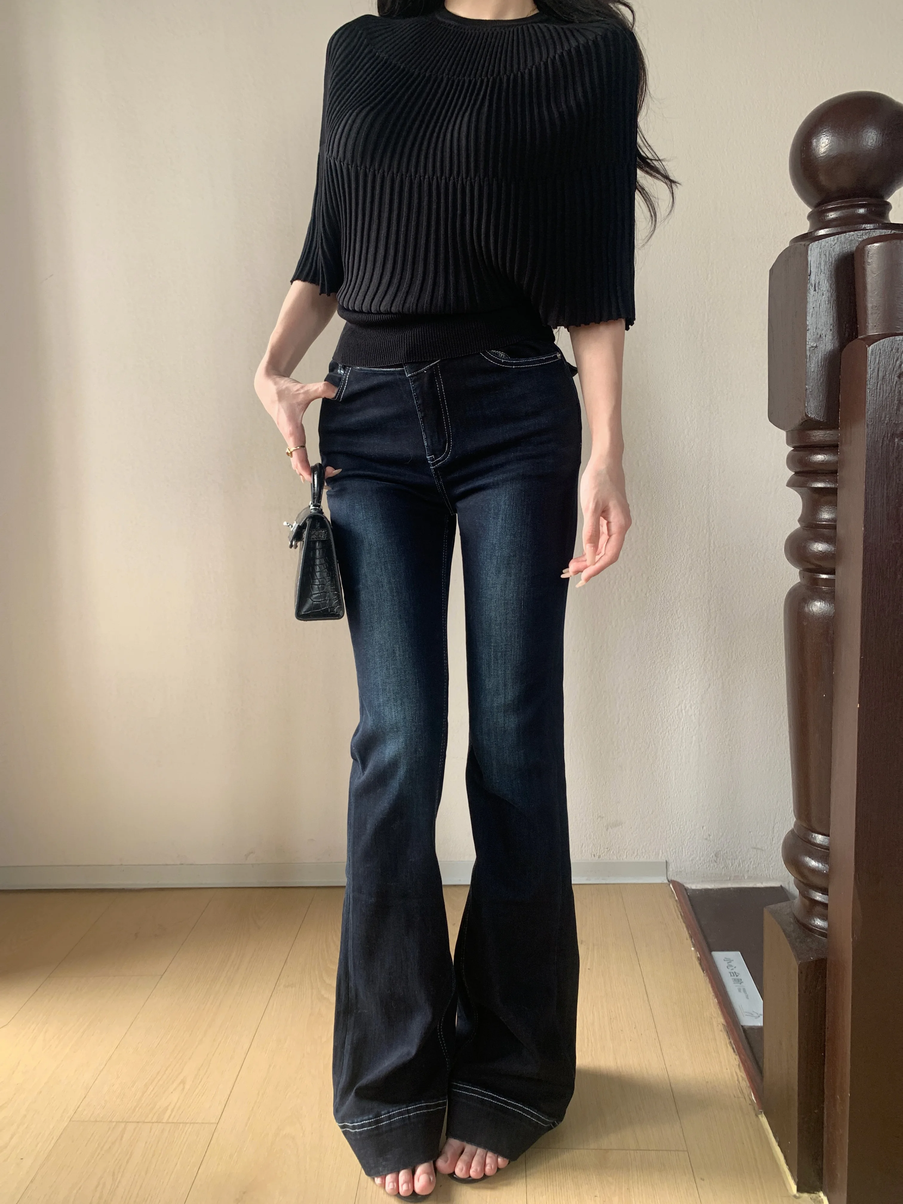 Retro High Waist Bell Bottom Blue Washed Denim Jeans Women's Summer Butt Enhancing Slimming Long Leg Lengthening Floor-Length...