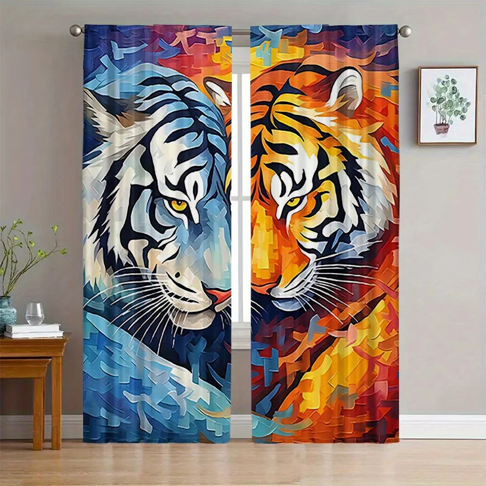 2pc Stylish Tiger Art Curtain Panels Living Room Curtains Geometric Animal Print Modern Home Decor Statement Window Treatment Dr