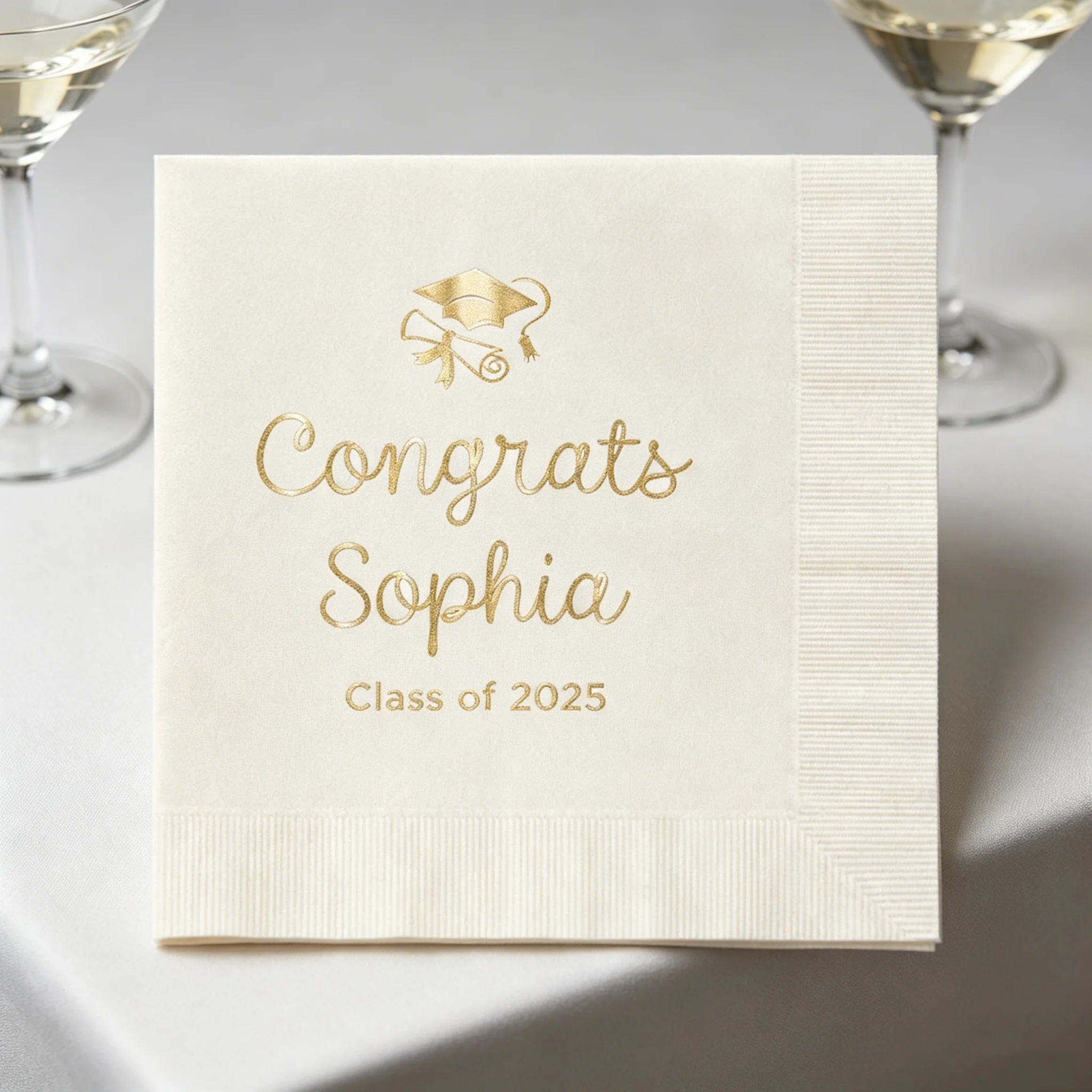 

50pcs Custom Graduation Cocktail Napkins - Personalized Name & Class Year Gold Foil Printed Disposable Beverage Napkins for 2025