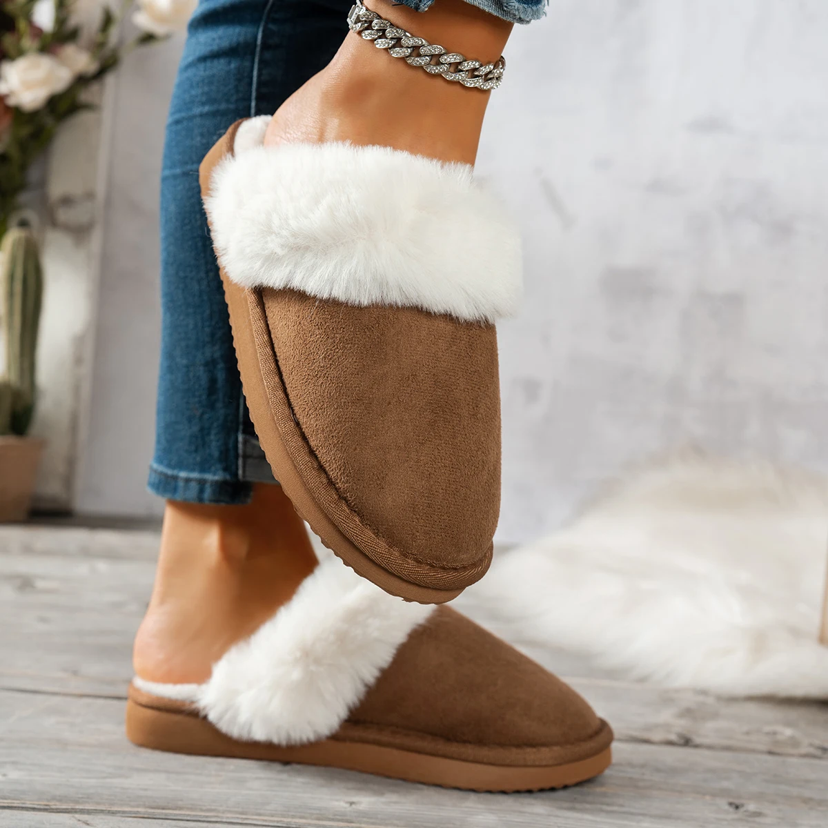 المرأة الشتاء بلون دافئ عدم الانزلاق مريحة كعب منخفض الانزلاق على شبشب منزل عادية سميكة لينة نعال قماش #2