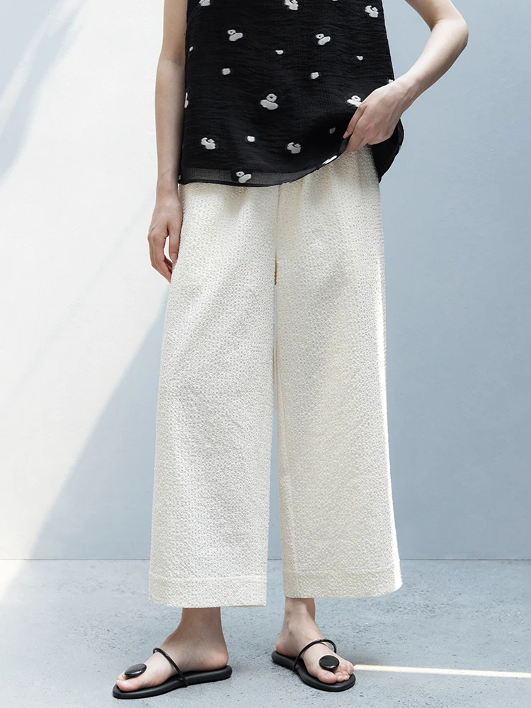 

New Le Collection Mixed Cotton Bubble Fabric Summer Elastic Waist Straight Leg Pants Walking in Beige Color Women's Casual ...