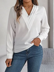 Casual Solid Color V Neck  Long Sleeve Blouse For Spring & Fall, Women's Clothing