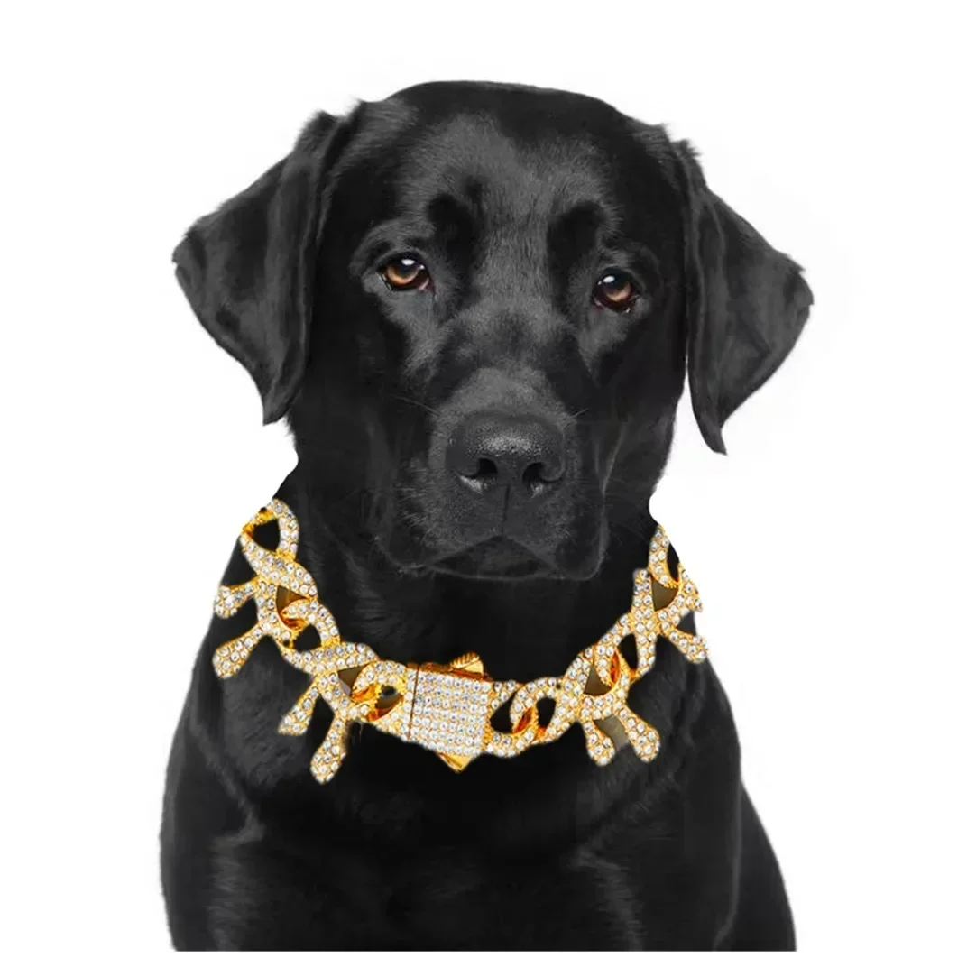 18mm Width Large Gold Silver Color Thorn Miami Cuban Link Chain Dog Collar Full Rhinestones Cat Pet Jewelry Para Perros Long