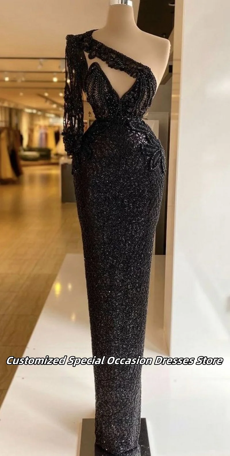 Vestidos de Noche negros de un hombro con lentejuelas de lujo para mujer, nuevo diseño, vestido largo de graduación, vestidos de fiesta de boda nigerianos personalizados