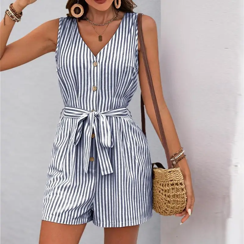 

European Minimalist Tie Waist Romper Women's Sleeveless V-Neck Striped Jumpsuit Shorts for Summer Casual Wear