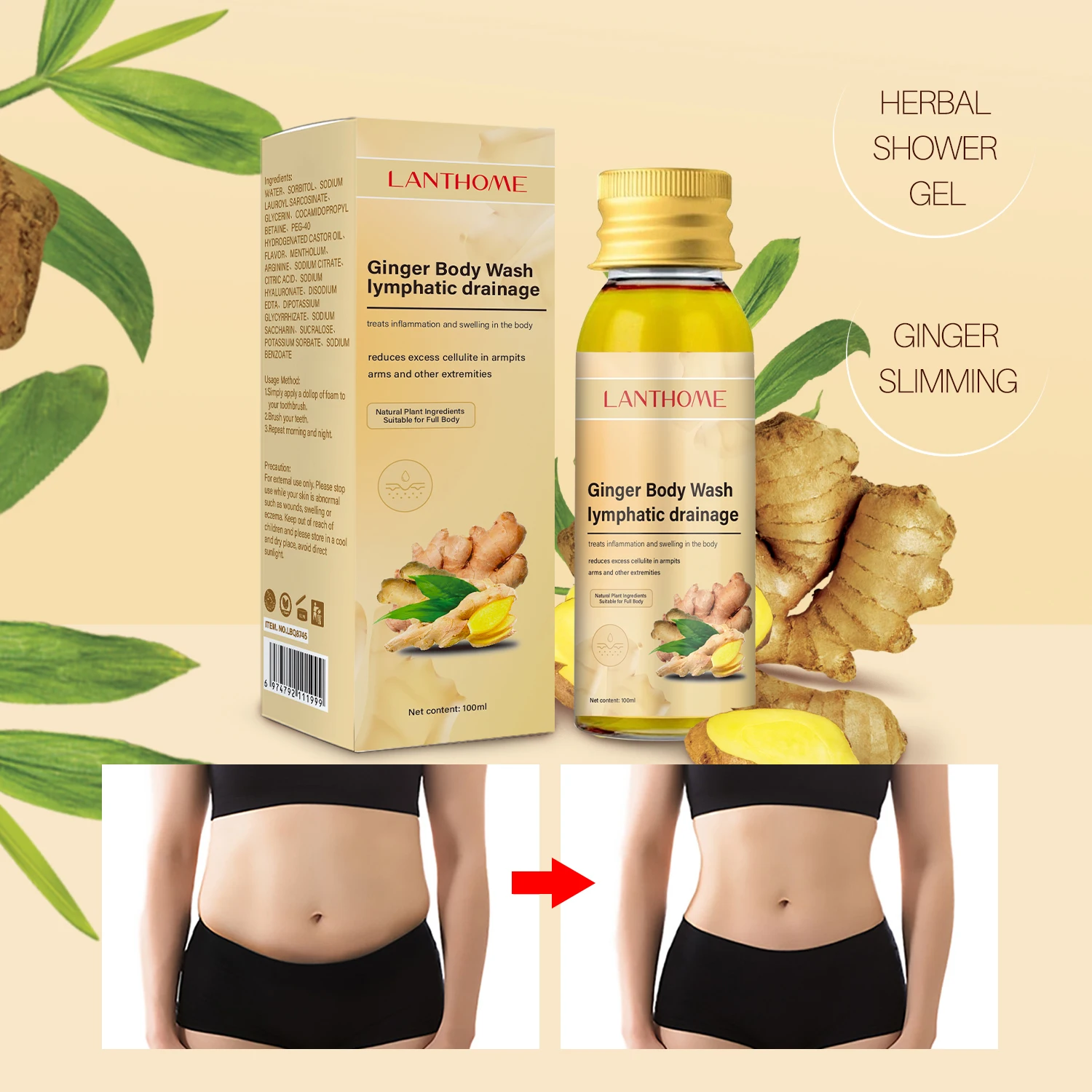 

Ginger Slimming Losing Weight Cellulite Remover Lymphatic Drainage Herbal Shower Gel Beauty Health Firm Body Care