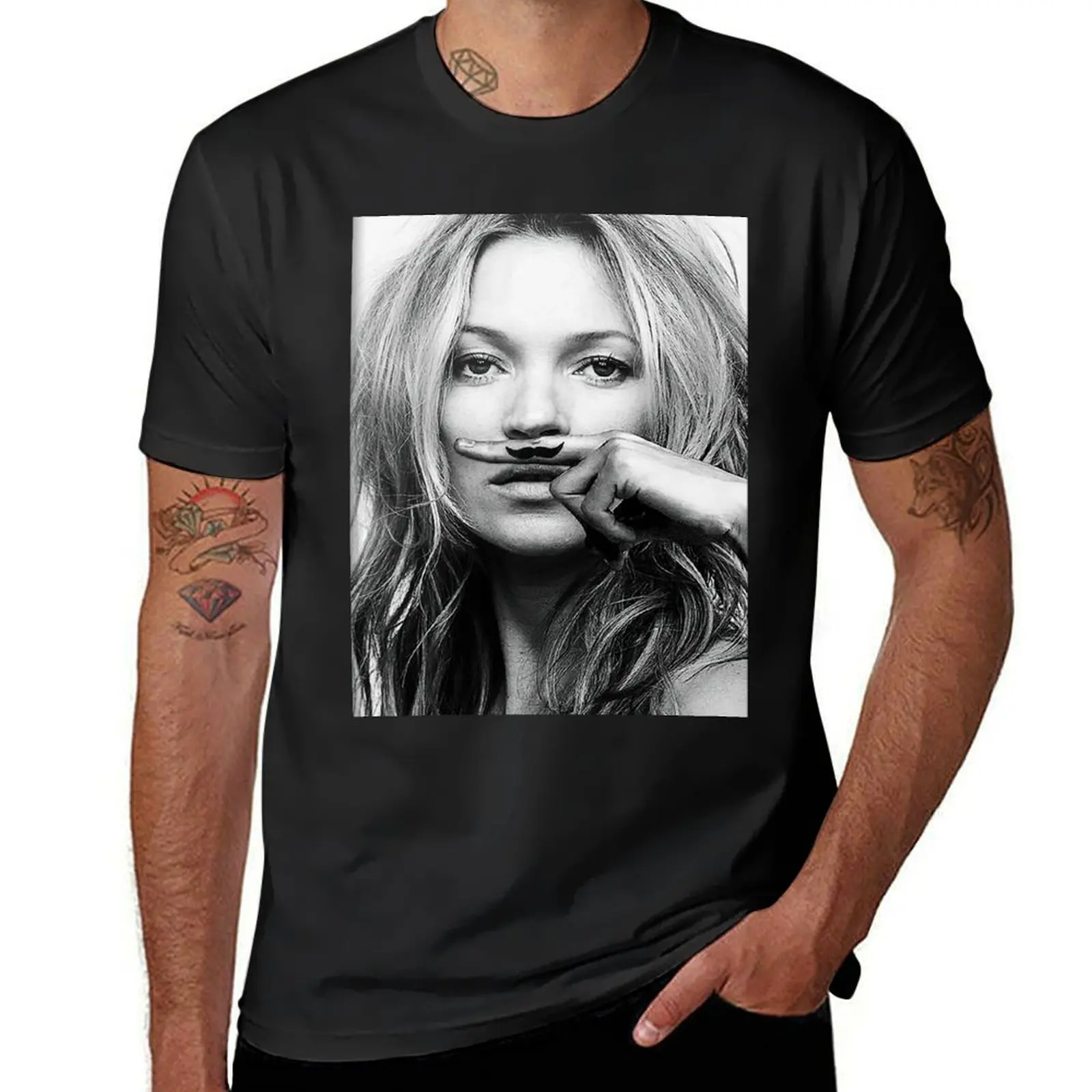 Kate Moss, Mustache, Black and White Photograph T-Shirt korean fashion blanks summer tops plus sizes T-shirt men