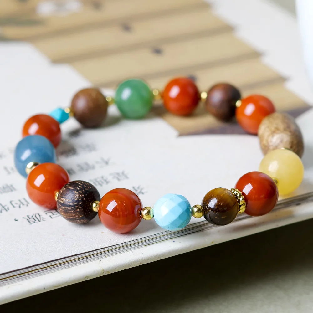 

Nanhong Agate Tiger Eye Stone Duo Bao Bracelet Original Cultural and Creative Wooden Belt Treasure New Chinese Womens Handstring