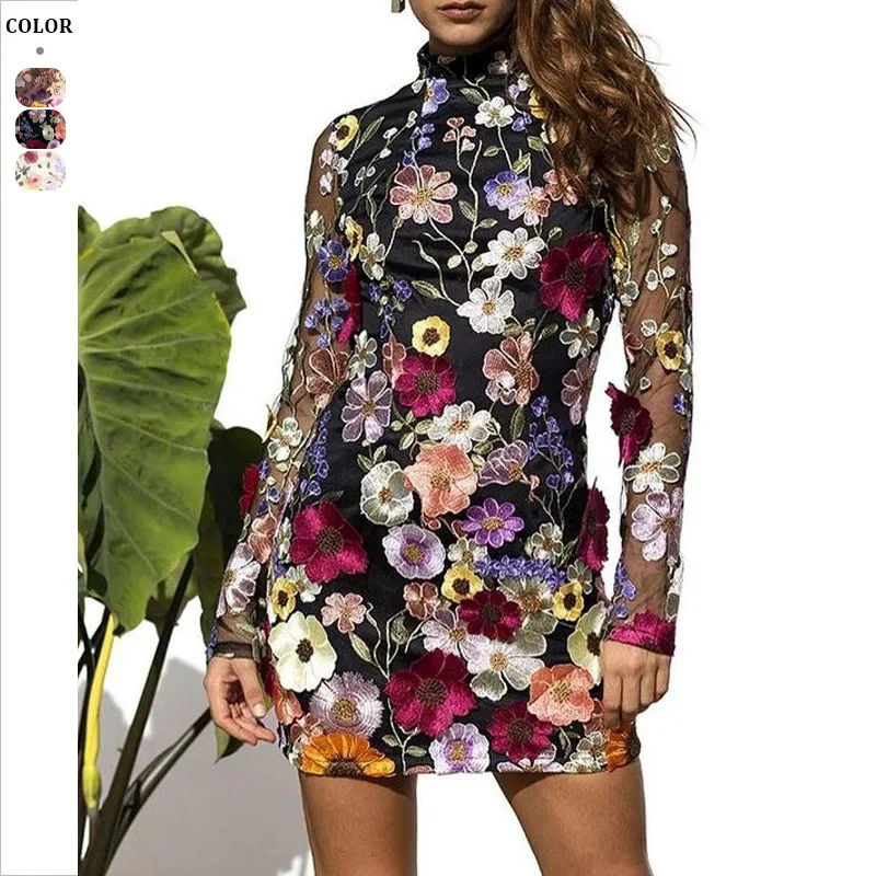 

Three Dimensional Flower Mesh Lace Embroidery Wrapped Hip Slimming And Sexy Dress