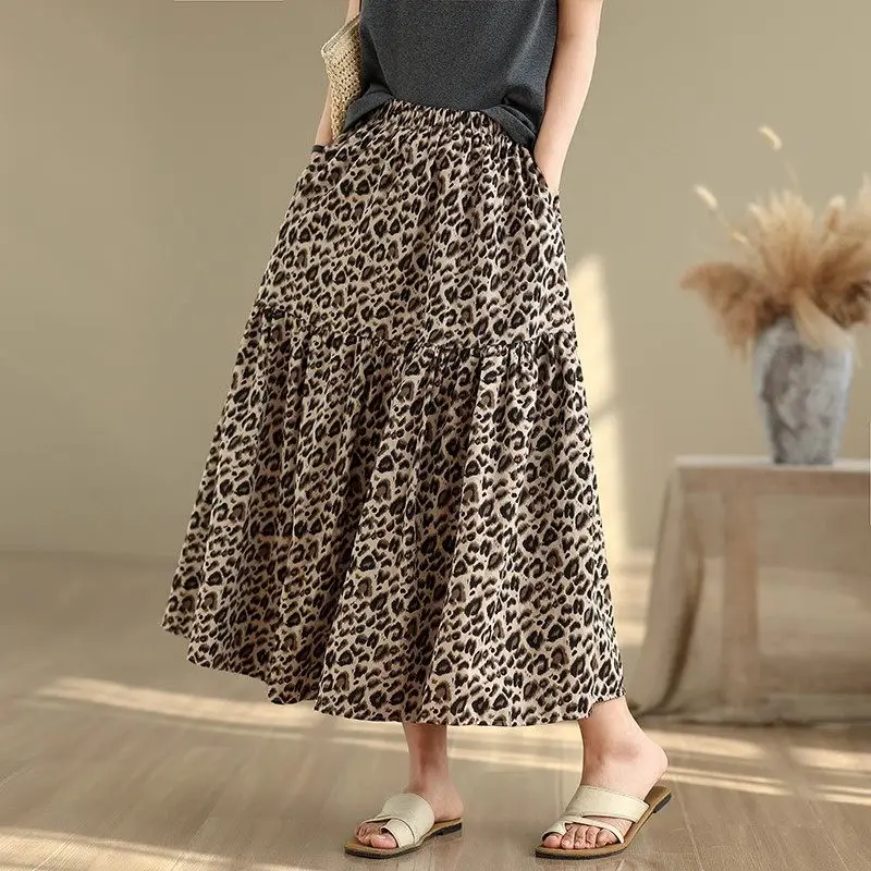 2025 Summer New Plus Size Midi A-Line Skirt | High Waist Loose Leopard Print Flowy Skirt G444