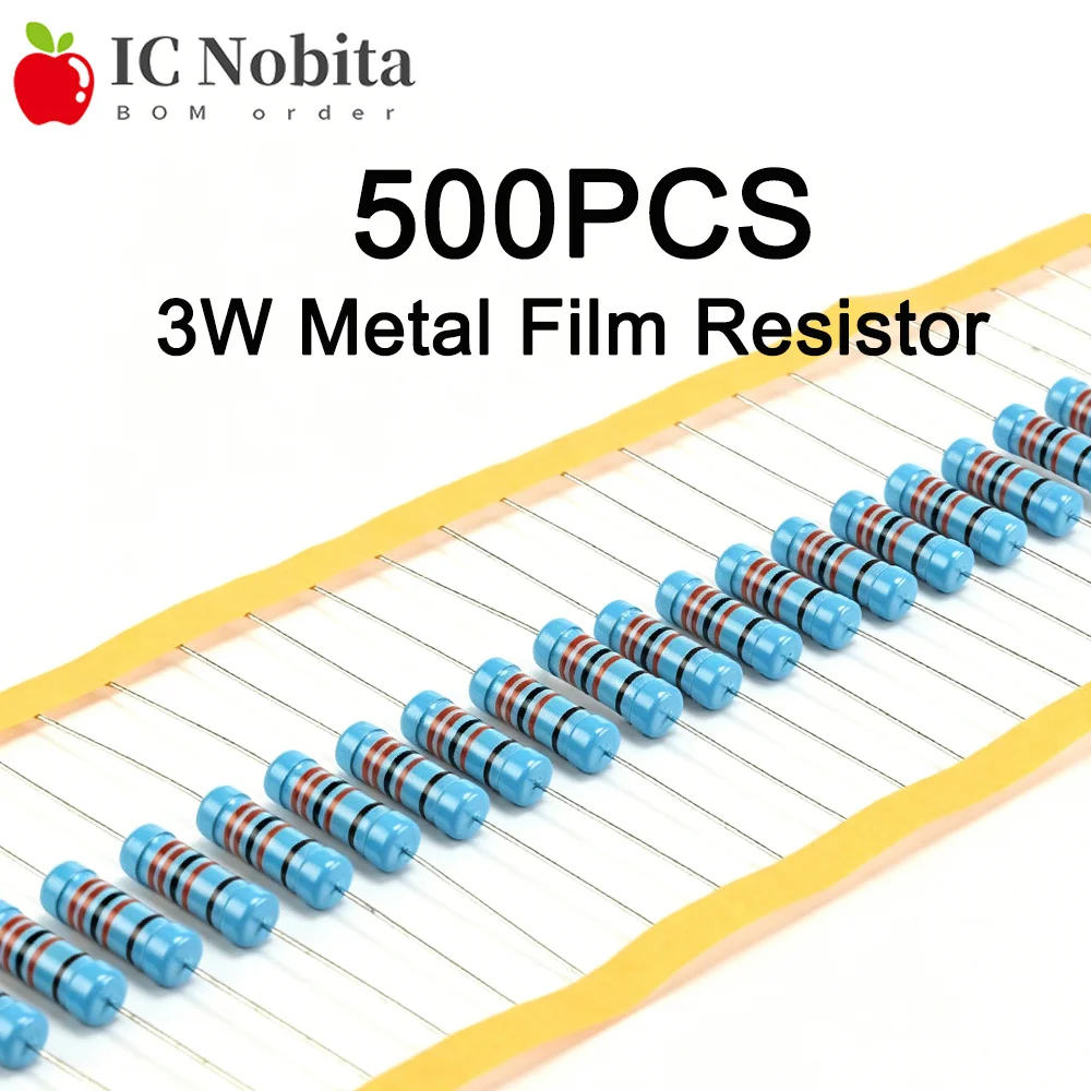 500PCS Metal Film Resistor 3W 1% 0.47 0.5 1 1.5 2 2.2 3.3 4.7 10 20 22 33 47 100 200 220 300 470 ohm 1k 1.5k 2.2k 3k 3.3k 1M