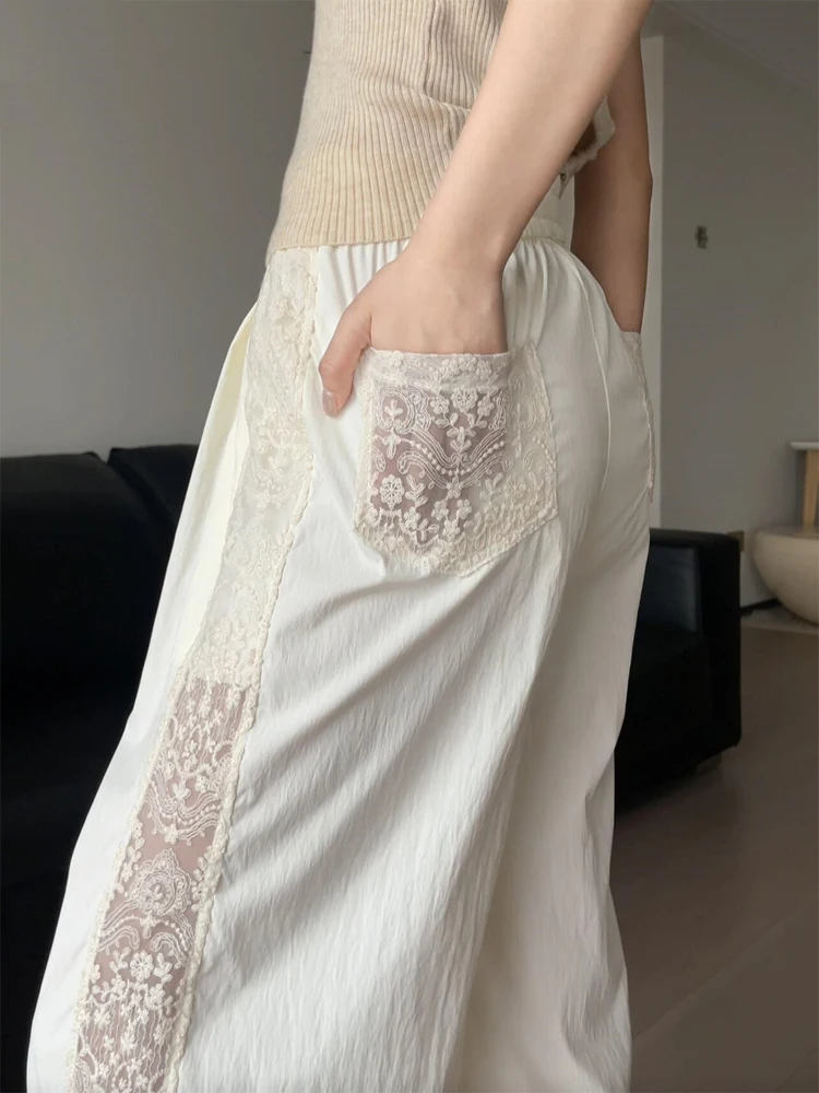 

American Retro Lace Design Patchwork Pants for Women Summer High Street Straight Leg Loose Wide-Leg Pants Draped Casual