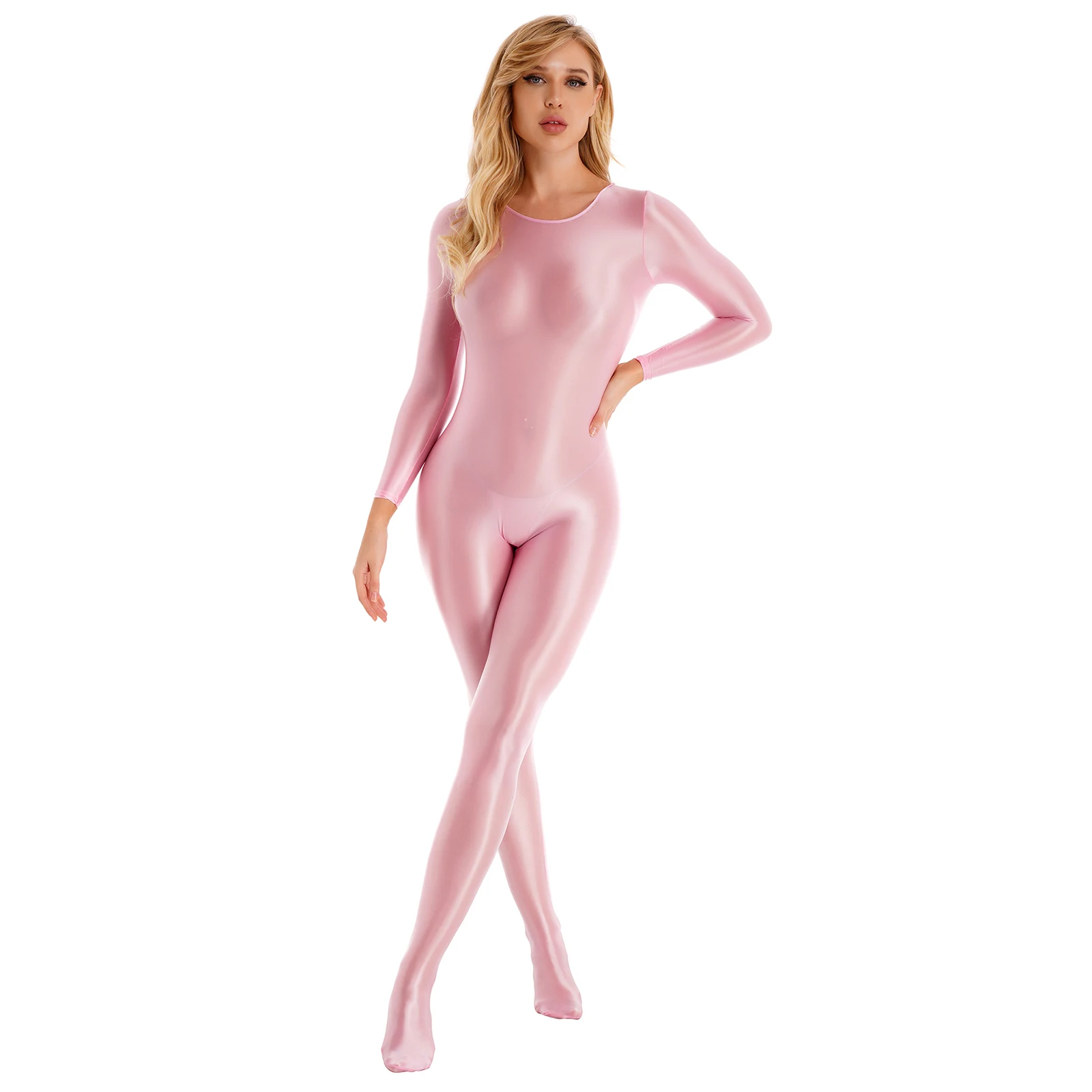 Women Smooth Long Sleeve Bodysuit Body Stocking Nightwear Solid Color Round Neck Bodysuit