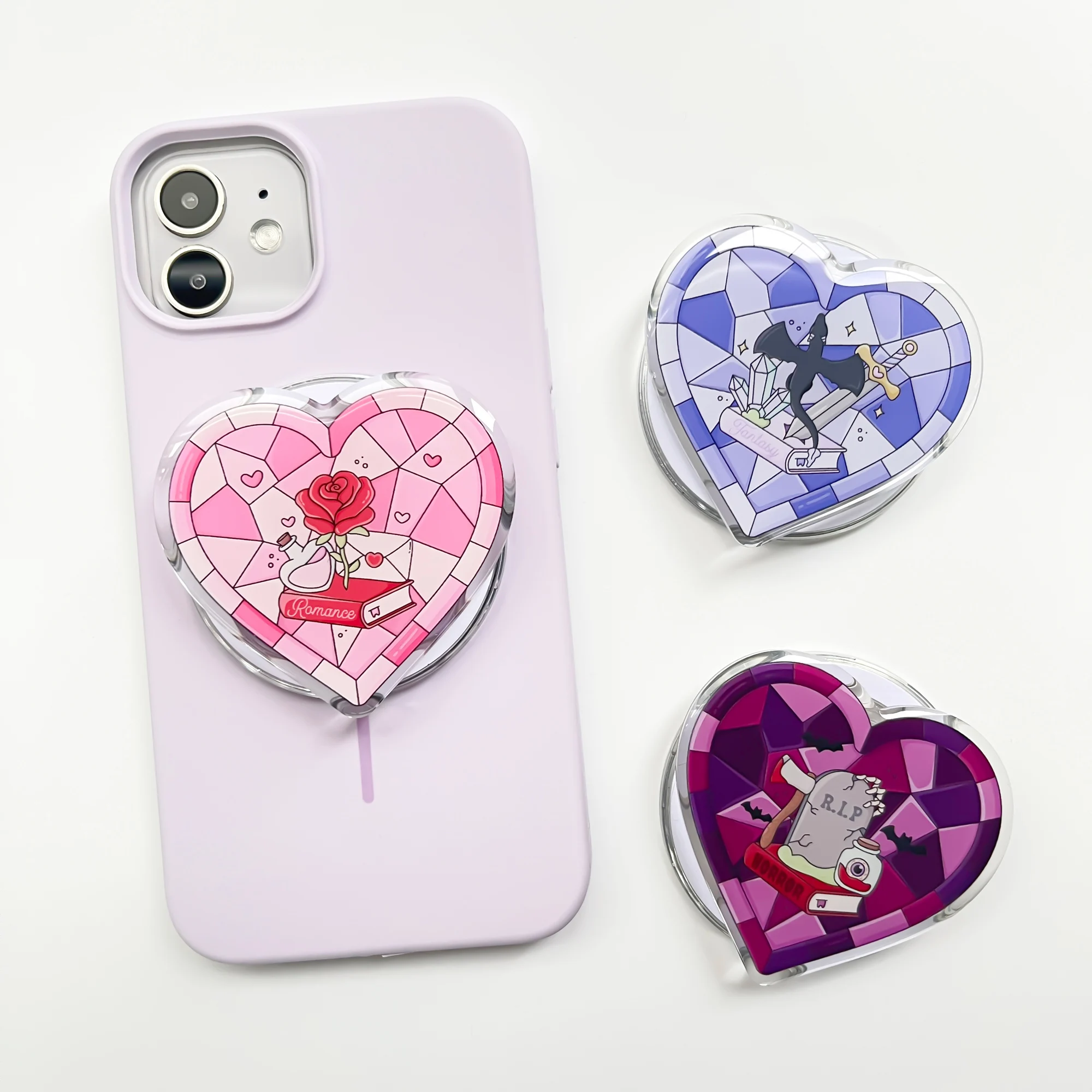 

1 pc Magnetic Phone Grip for iPhone Acrylic Phone Holder Grip with Cute Dark Romantic Design Foldable Expanding Stand Kindle Griptok