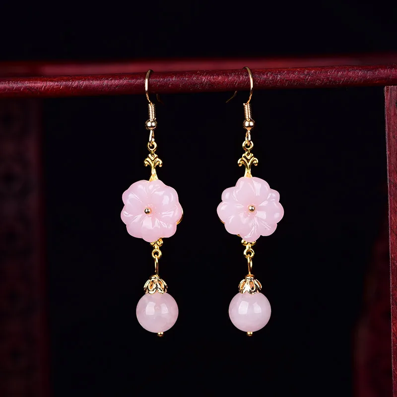 Simplicity Vintage Pink Crystal Pendant Earrings Classical Delicate Coloured Glaze Flower Eardrop Chinese Ancient Palace Jewelry