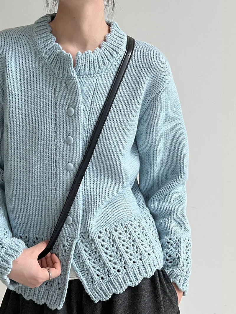 

Свитер с вырезами, кружевной вязаный однотонный однобортный кардиган с круглым вырезом, осень-зима, новый топ для похудения